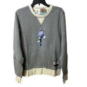 New Hand Printed Womens Small Blue Jay Bird Long Sleeve Heathered Sweatshirt